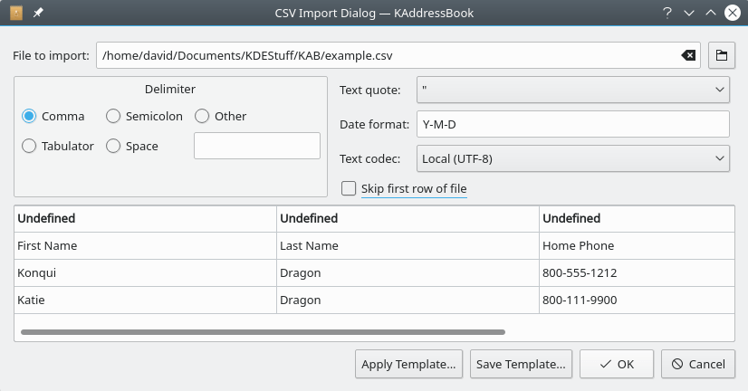 A screenshot of KAddressBook's “Import CSV File” dialog.