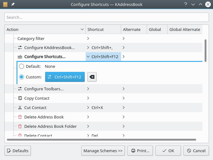 A second screenshot of KAddressBook's “Configure Shortcuts” dialog.