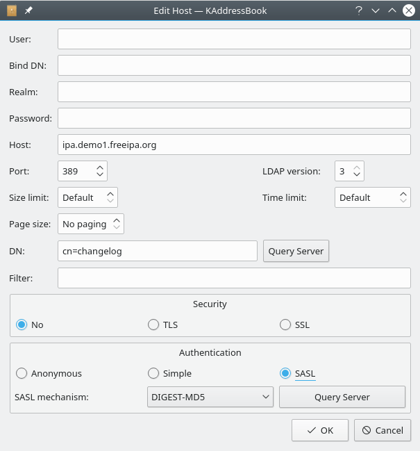 A second screenshot of KAddressBook's “Configure LDAP Server” dialog.